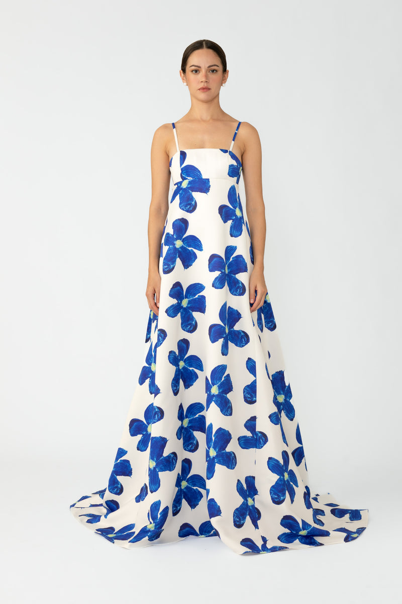 Printed duchess satin maxi dress