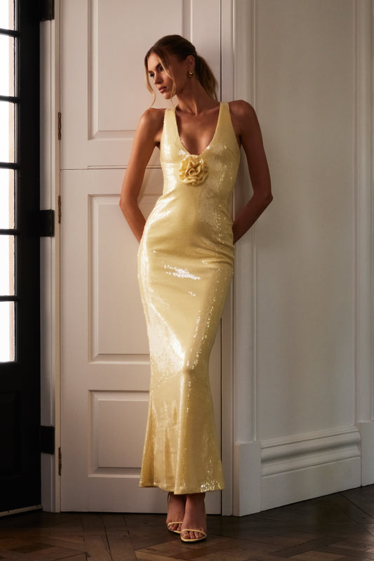 Rose Sequin Maxi Dress Lemon