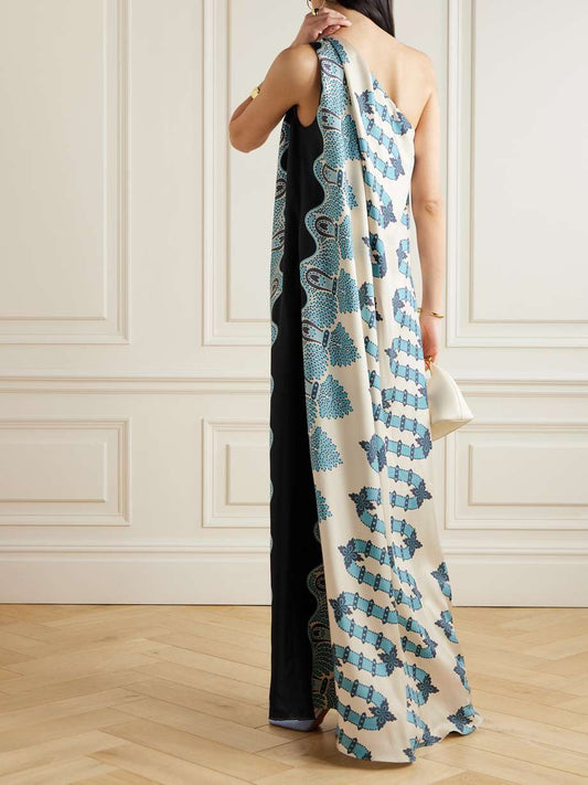 Roy one shoulder printed silk twill maxi dress