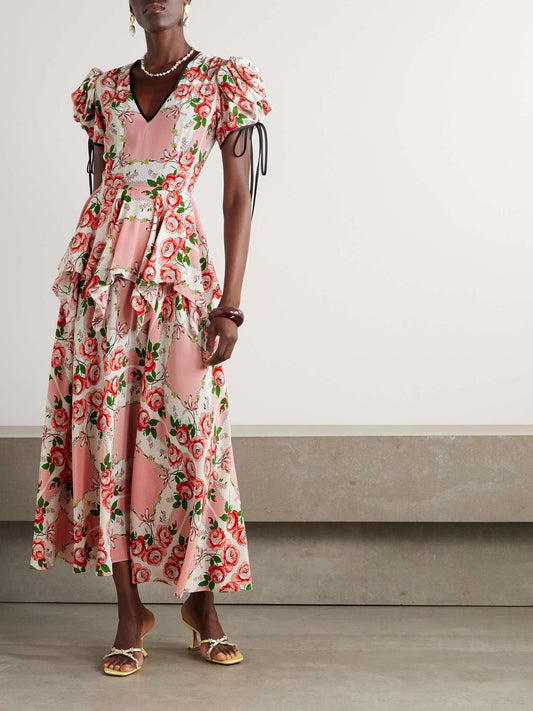 Ruffled printed silk crepe de chine midi dress