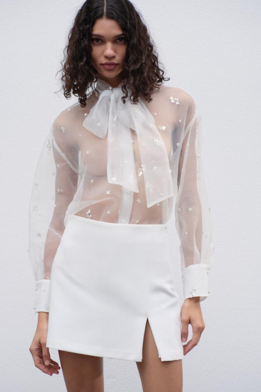 SEMI SHEER SHIRT WITH SEQUINS AND BEADS