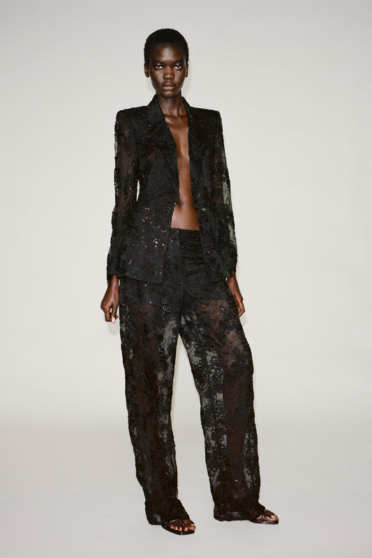 SEMI SHEER TEXTURED BLAZER WITH SEQUINS