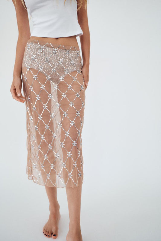 SEQUINNED RHINESTONE TULLE SKIRT