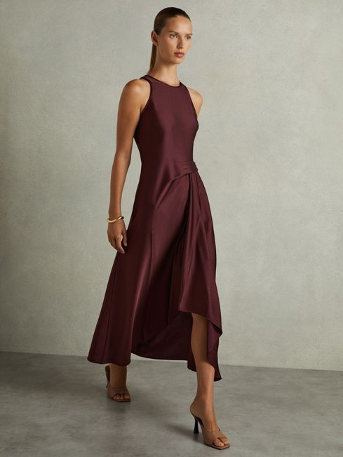 Satin Drape Tuck Midi Dress