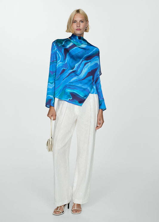 Satin printed blouse with draped neck