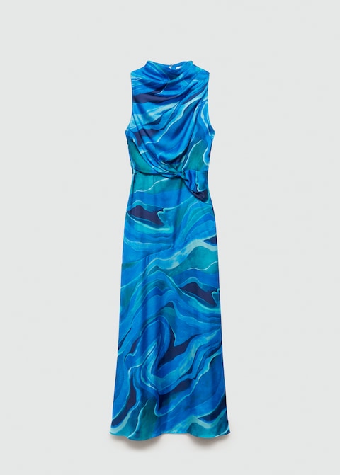 Satin printed dress with draped neck