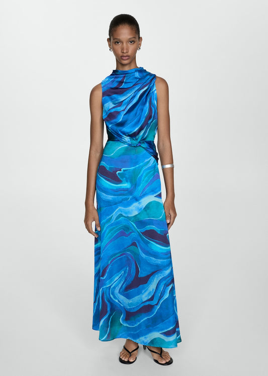 Satin printed dress with draped neck