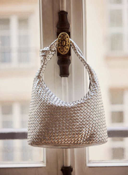 Silver Leather Woven Grab Bag