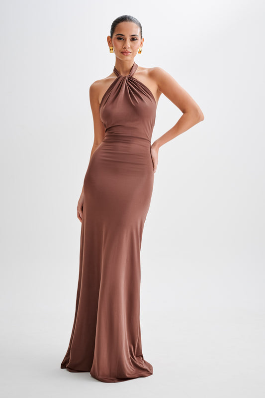 Slinky Halter Maxi Dress Chocolate