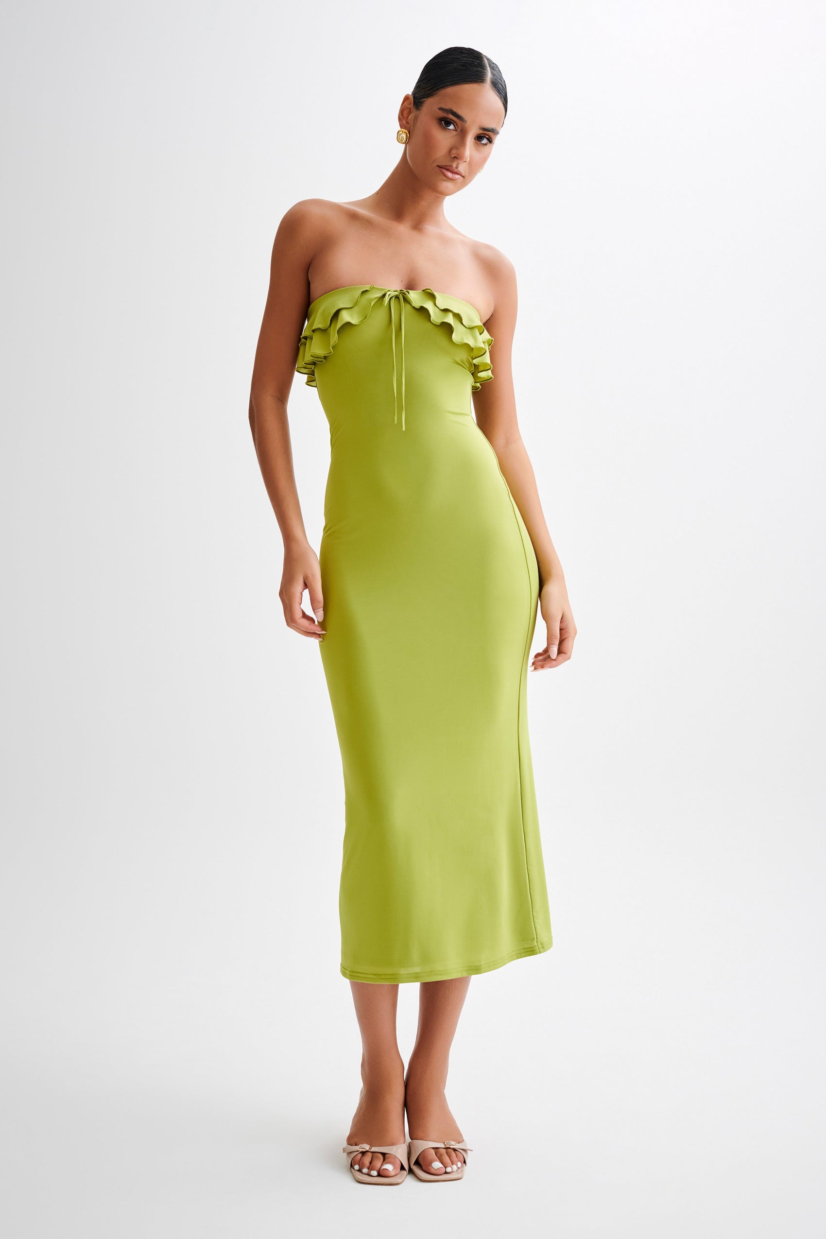 Strapless Slinky Ruffle Midi Dress Apple