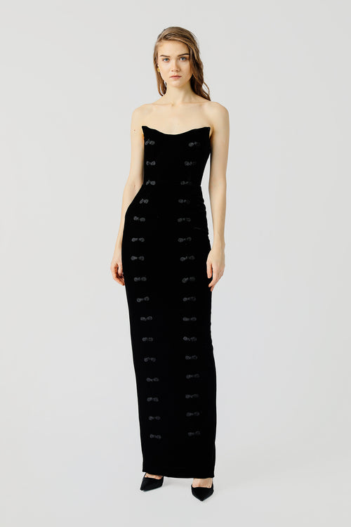 Strapless button decorated velvet corset maxi dress