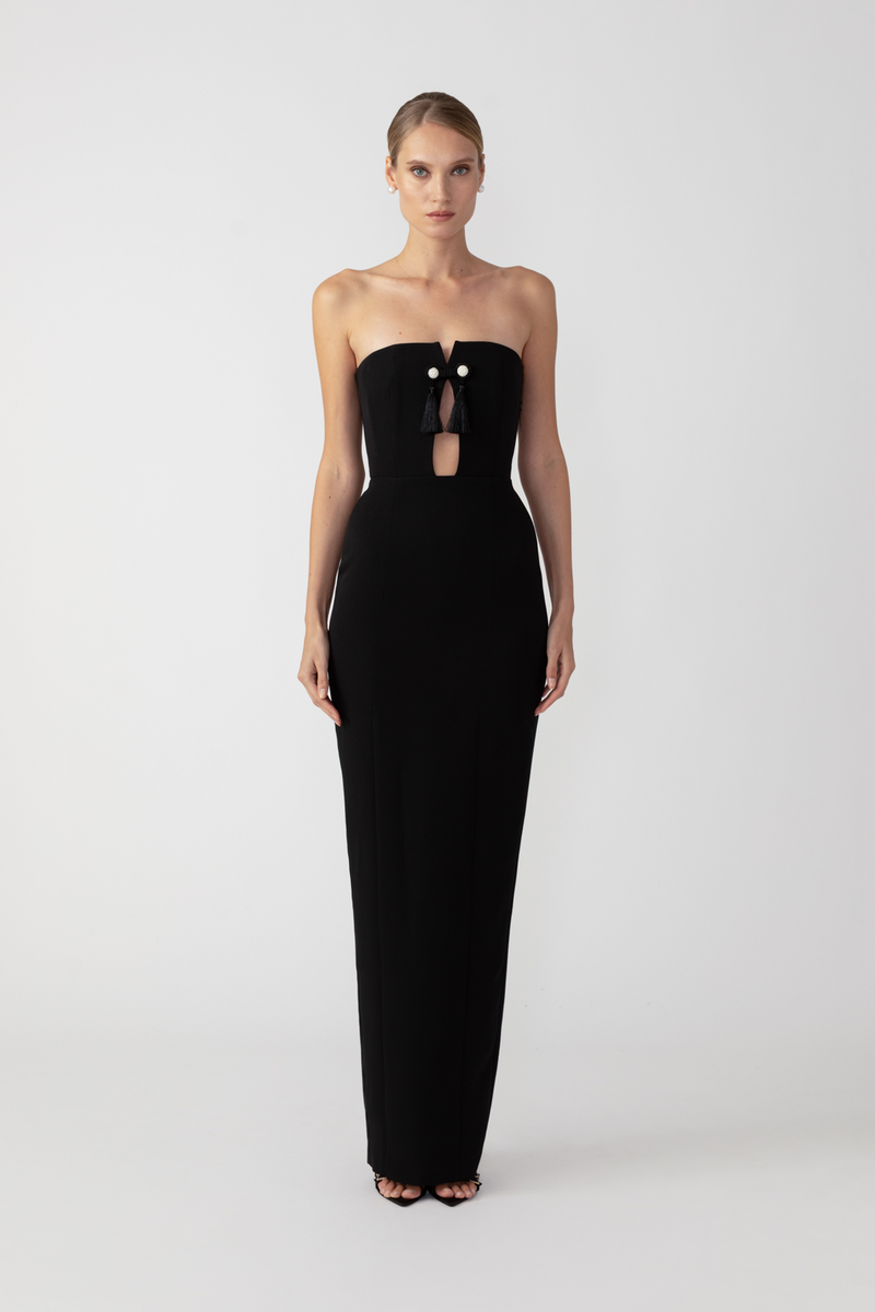 Strapless tassle crepe maxi dress