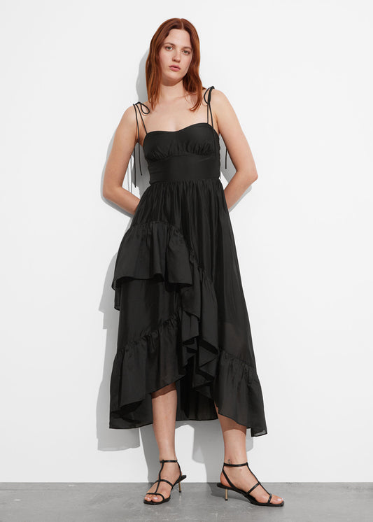 Strappy Ruffled Midi Dress Black