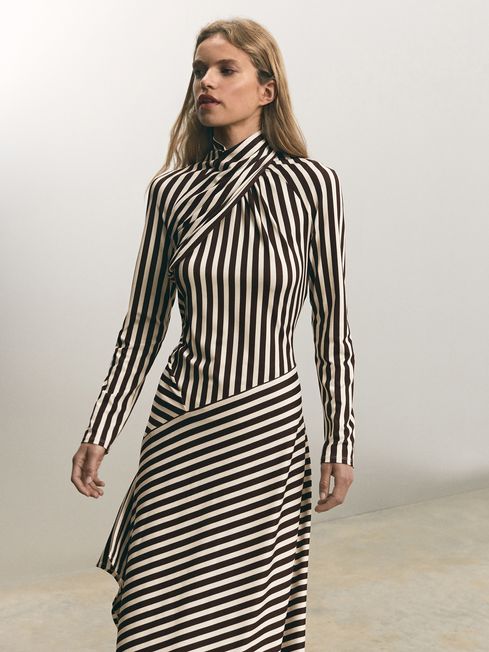 Striped Jersey Asymmetric Midi Dress