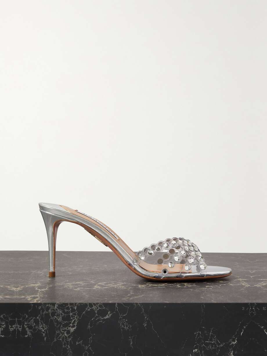 Tequila 75 crystal embellished PVC and metallic leather mules