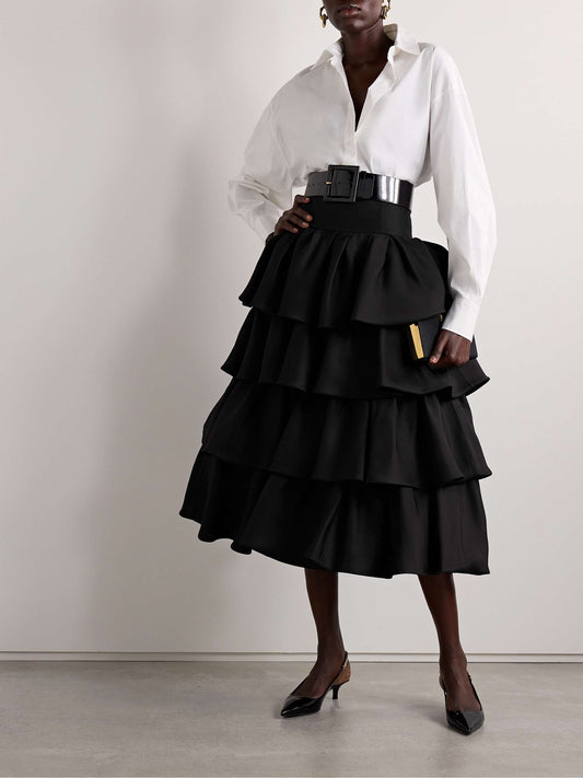 Tiered ruffled silk gazar midi skirt