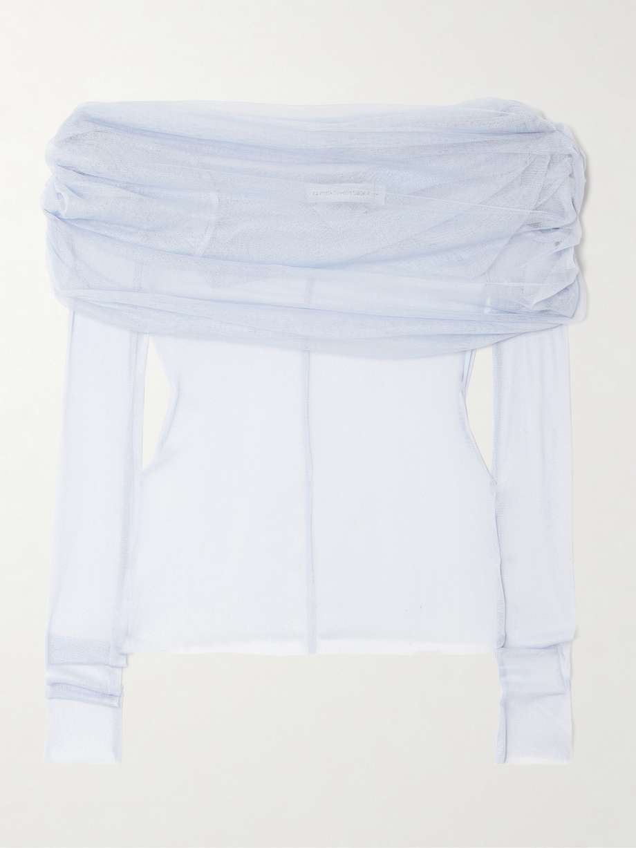 Veiled draped off the shoulder silk tulle top