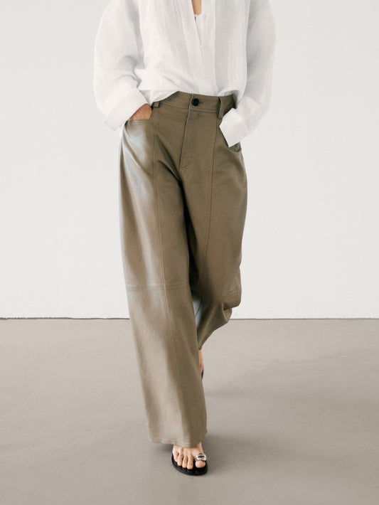 Wide leg nappa leather trousers with seam detail