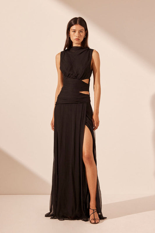 claude cut out side split maxi dress black