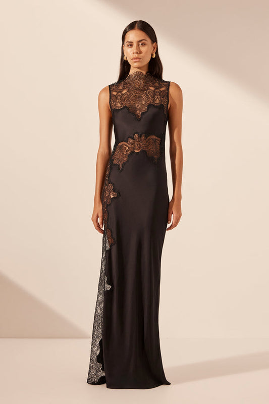 jamila lace high neck maxi dress black