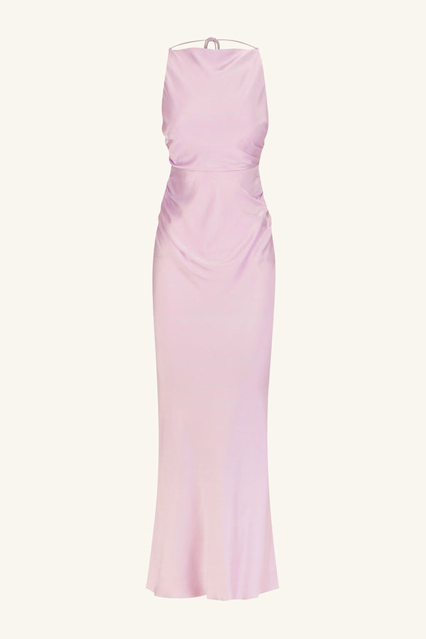la lune high neck ruched maxi dress lilac
