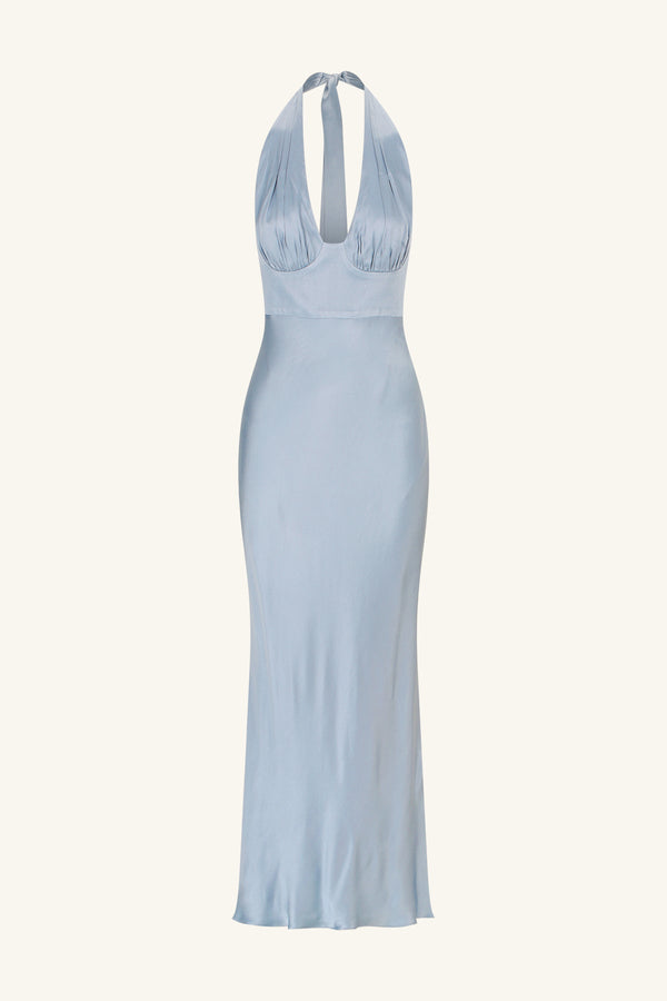 la lune plunged halter midi dress powder blue