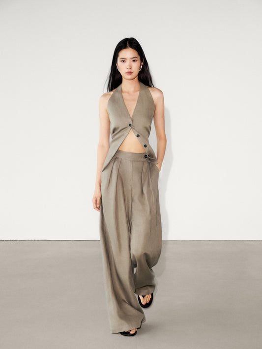 linen wide leg trousers with darts