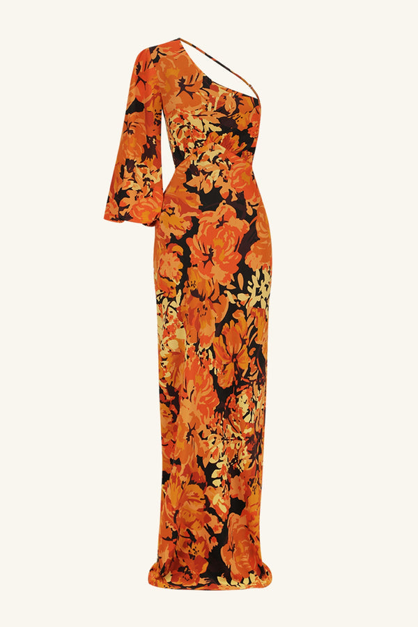 santos silk one shoulder open back maxi dress