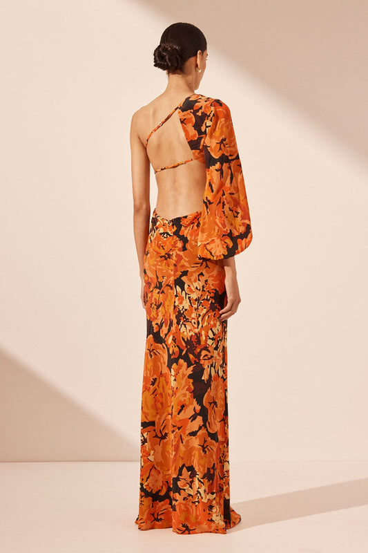 santos silk one shoulder open back maxi dress